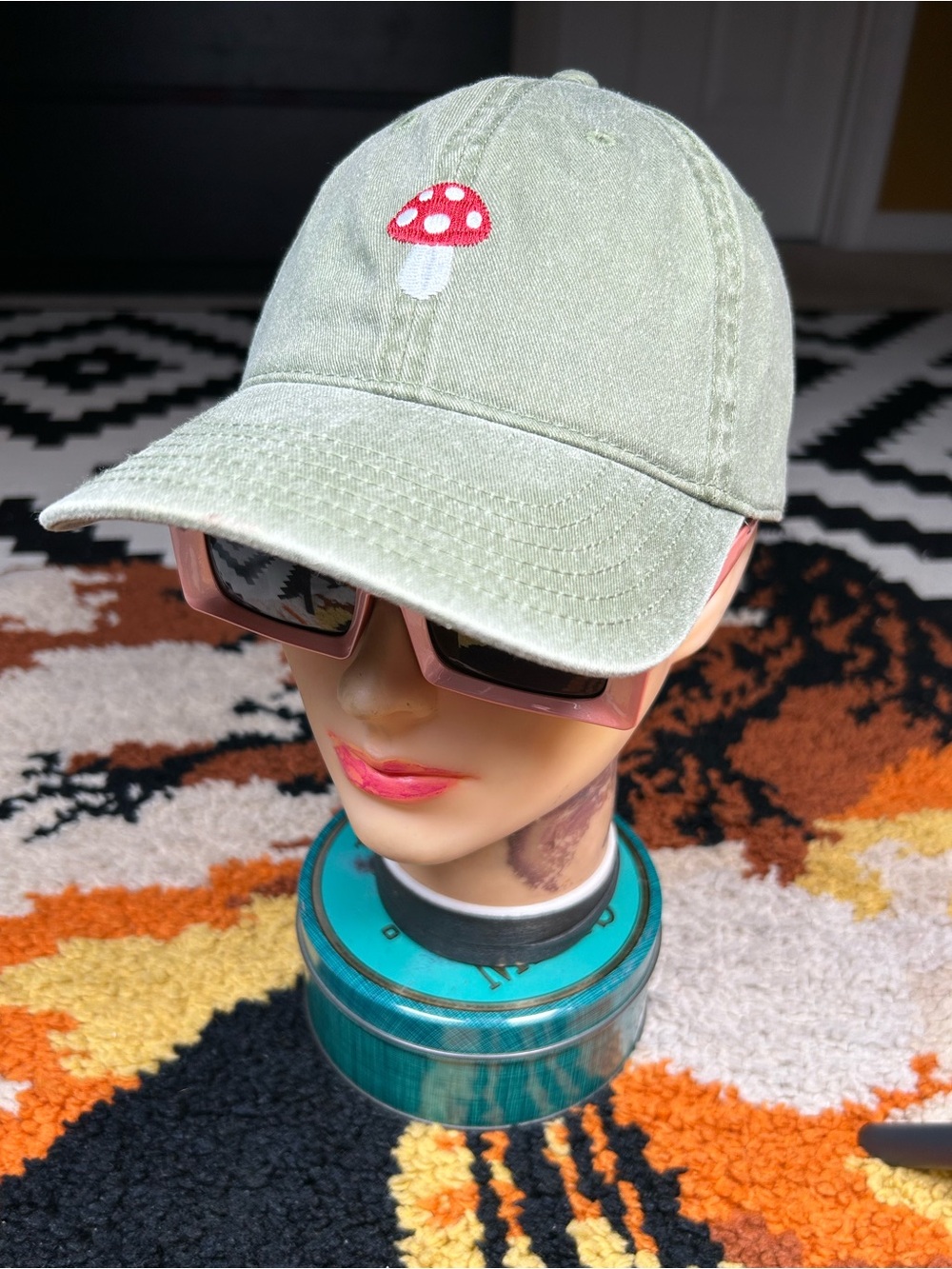 Cutesy, MIGHTY FINE, embroidered mushroom dad hat!!